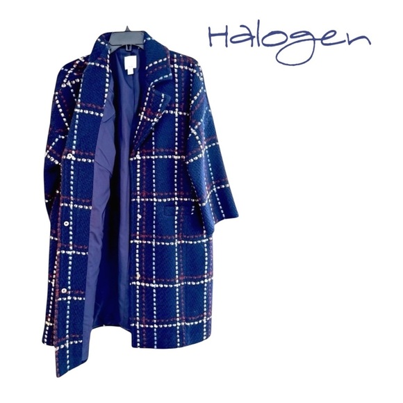 Halogen Women’s 3/4 Length Topper Coat. Navy Rust Plaid. Size S/M - Picture 2 of 10
